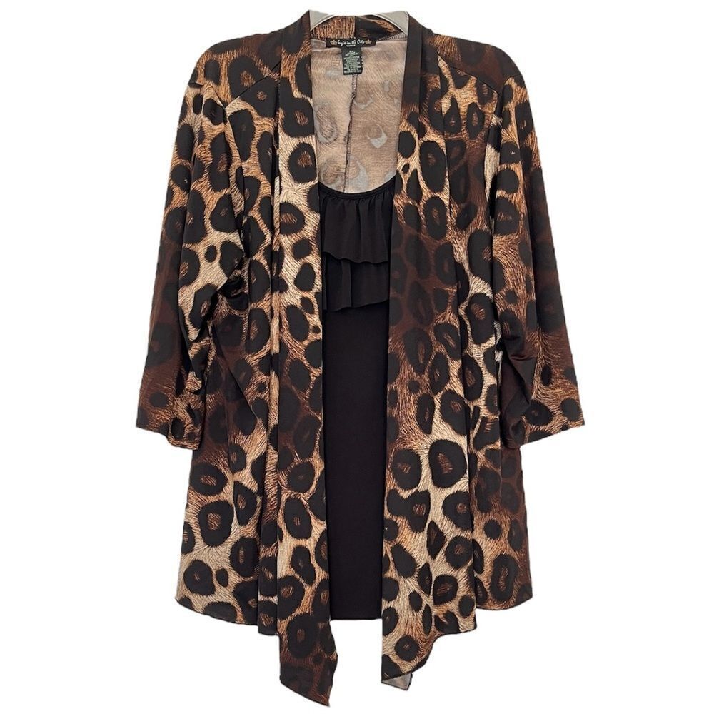 Suzie In The City Ruffle Blouse Waterfall Cardigan Animal Print 2-in-1 Top 2X